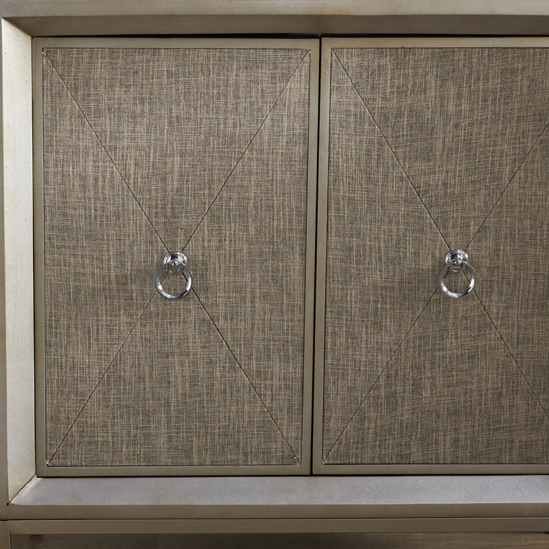Beige Mirrored Fir Wood Upholstered Accent Cabinet