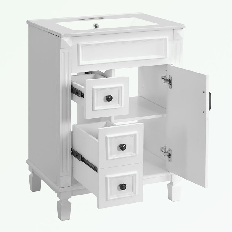 Meuble-lavabo avec lavabo en céramique, 2 tiroirs et tablette réglable, Blanc, Noir