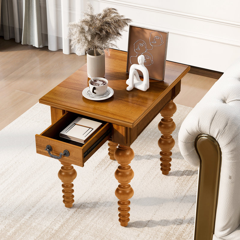 Table de bout en bois massif naturel avec tiroir, côté pour le salon et bois d'hévéa, chaleur, assemblage rapide, plateau de table en placage naturel naturel moderne, pieds
