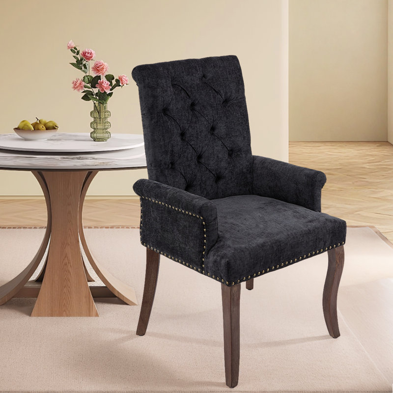 Modern Chenille Upholstered Dining Chair - Hand-Tufted Button Backrest, Curved Solid Wood Legs, Single Pack, Black