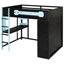 Lit mezzanine double pleine grandeur, bleu, avec bureau, armoire ouverte, étagères, coffre-fort et confortable intégré pour les séances d'étude-129996387