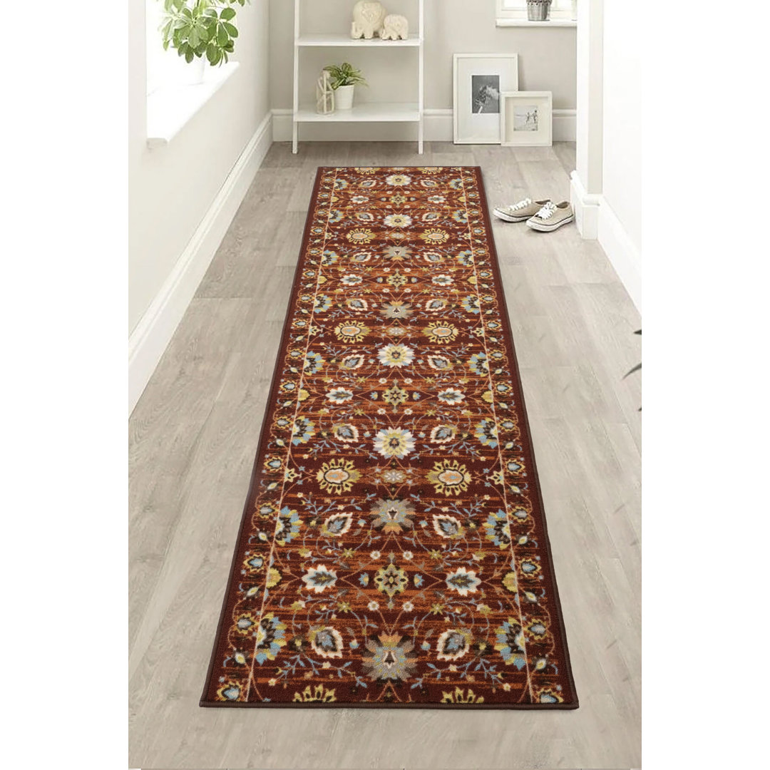Custom Size Anti Slip Low Pile Oriental Mahal Red Design Runner Rug for Indoor Charlton Home® Rug 