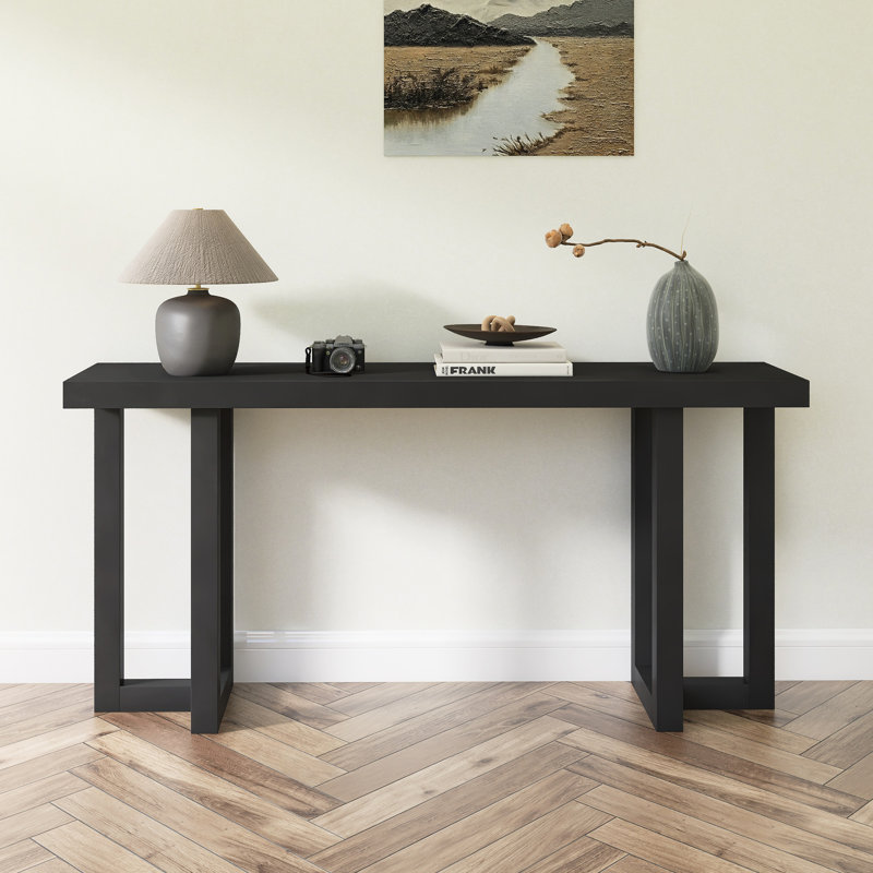 Geometric Design Console Table With Solid Pine Legs, Black, Black