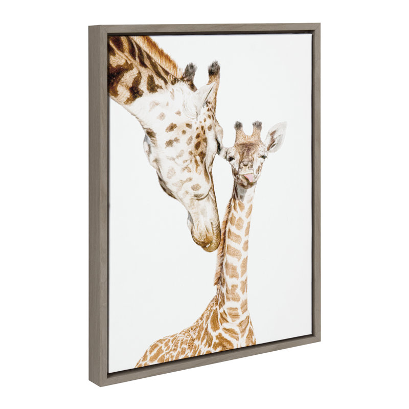 «Mother and Baby Giraffe Portrait» par Amy Peterson, reproduction d'art sur toile encadrée, Cadre gris
