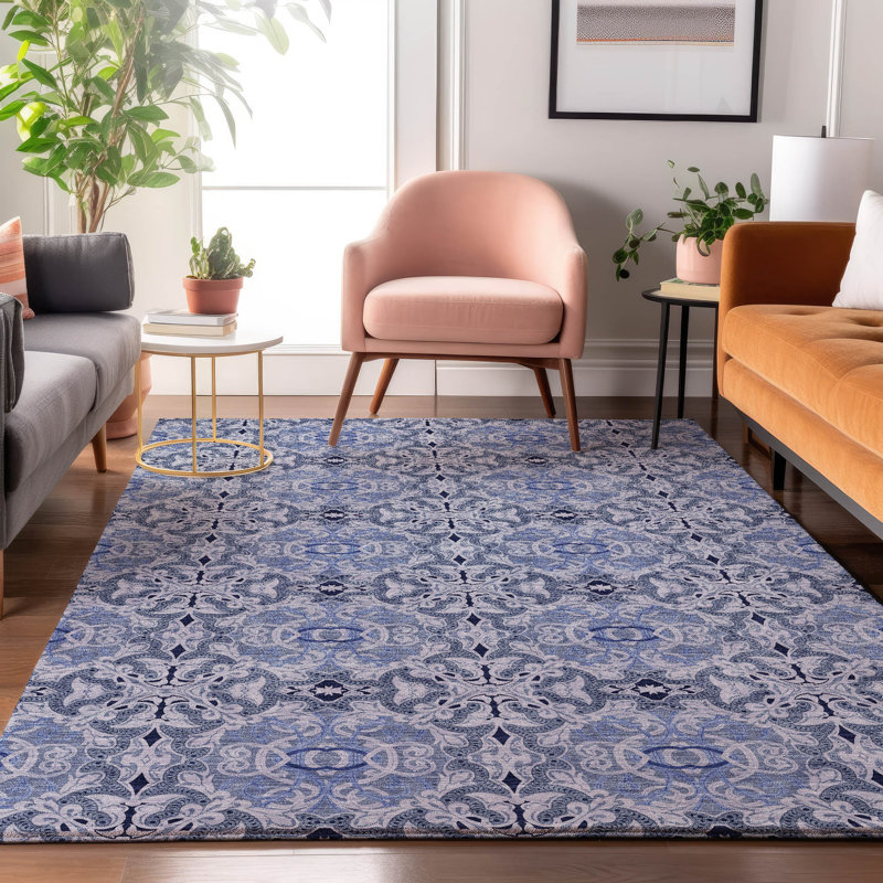 Tapis bleu Prisco lavable à la machine de qualité supérieure, Rectangulaire 8 pi x 10 pi