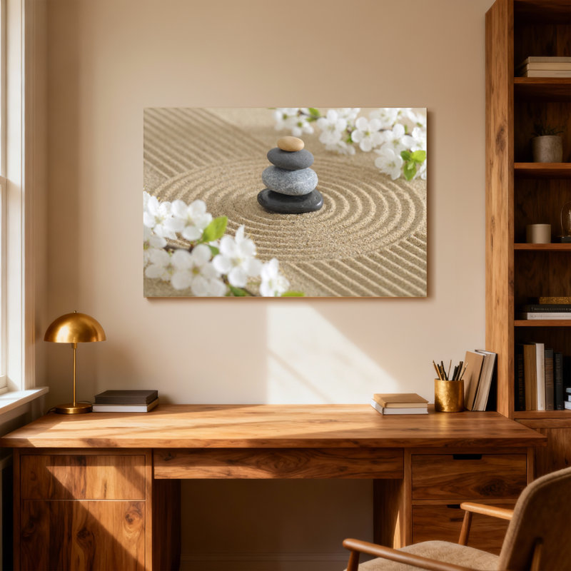 Jardin zen à la mode avec pierres et fleurs, H 12 po x l 18 po