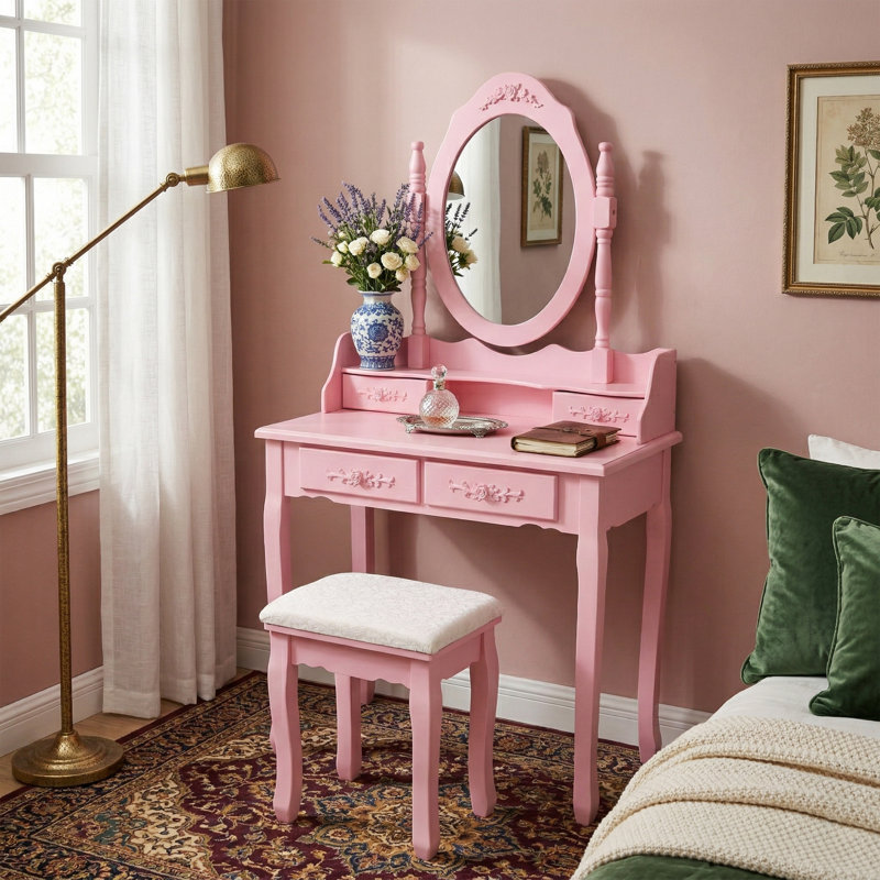 Ensemble de coiffeuse 29,5 "avec miroir rotatif à 360 ° Princess Blue, Rose