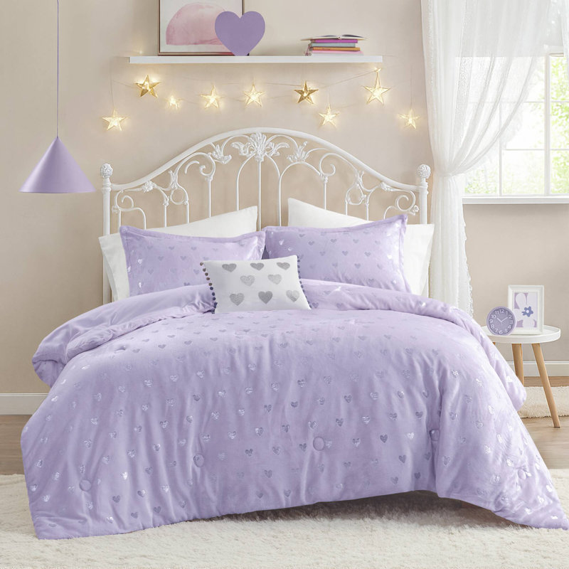 Ensemble d'édredon moelleux à imprimé métallique Rosalie, Mauve / argenté, Édredon double/grand + 2 taies décoratives + 1 C