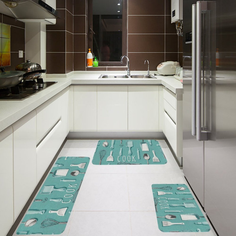 Tapis de cuisine bleu sarcelle 3 pièces pour ustensiles de cuisine, garde-manger, blanc sarcelle