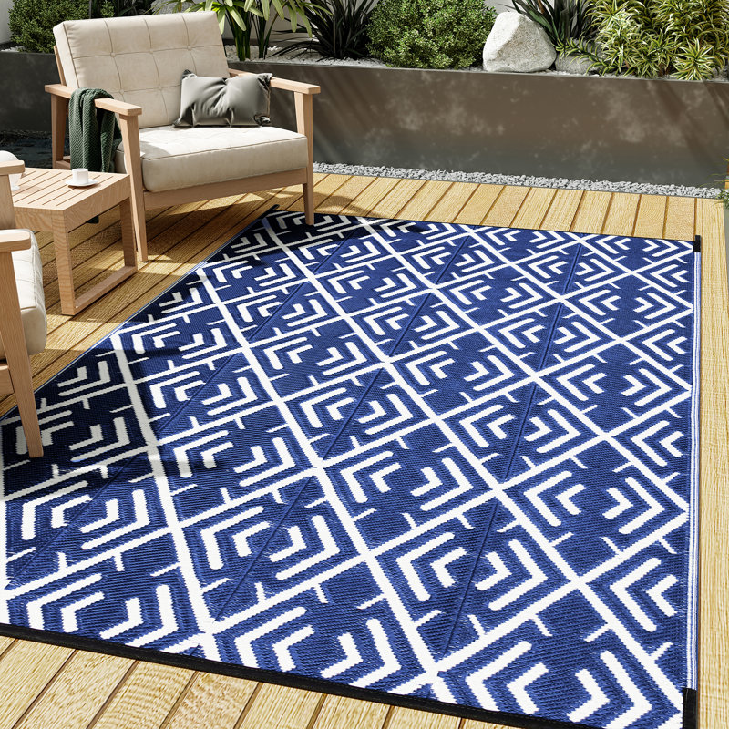 Tapis d'extérieur à motif géométrique moderne réversible, Rectangle de 5 pi x 8 pi, Bleu/blanc