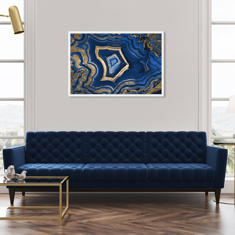 «Blue and Gold Abstract Geode» par Oliver Gal - reproduction, H 32 po x l 32 po, Cadre blanc