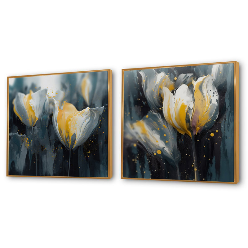 Pétales gris de sérénité tulipe, Cadre flottant doré, H 30 po x l 61 po