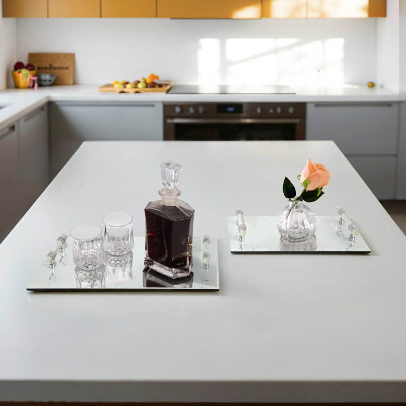 Elegant Glass Serving Trays With Modern Handles - Decorative And Functional Tabletop Display - Stylish And Versatile Accent Set Of 2