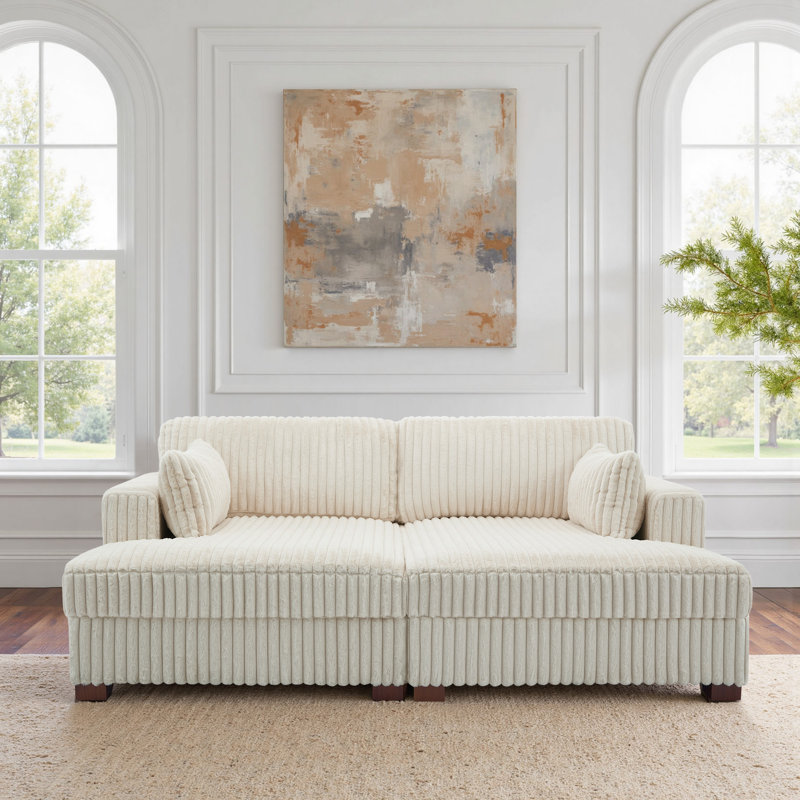 Bentura Oversized Upholstered White Faux Rabbit Fur Flannel  Sleeper Sofa Bed Lounge sofa with Armrests & Throw Pillows