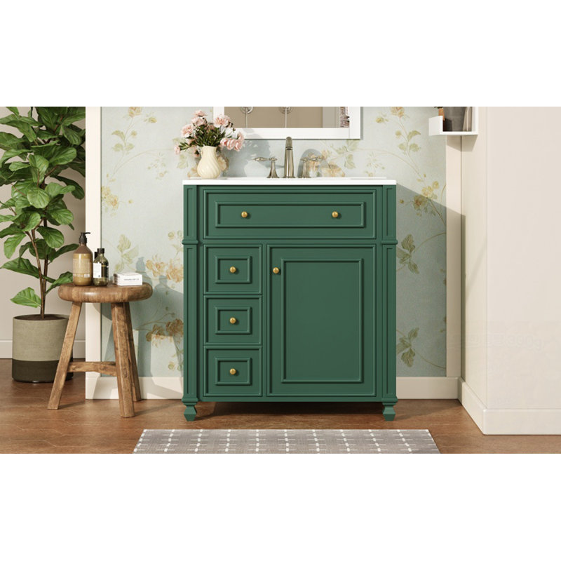 Meuble-lavabo autoportant avec tablette réglable et tiroirs, Vert