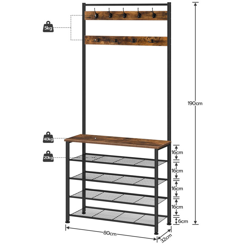 Brorfelde Hall Tree 80cm Wide with Bench and Shoe Storage, Rustic Brown/Black