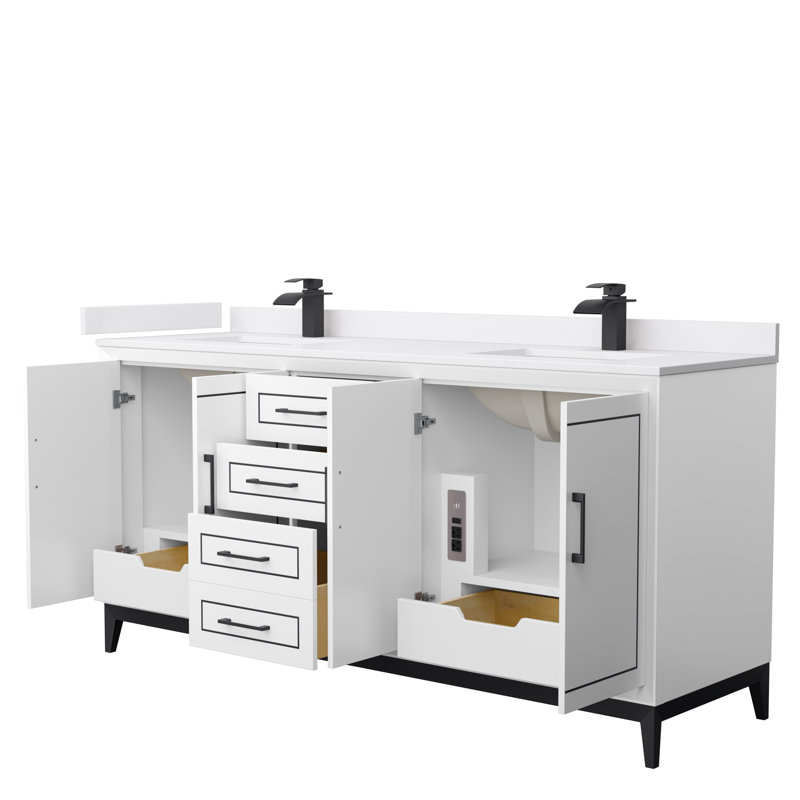 Ensemble de meuble-lavabo double 72 po Marlena, Marbre de culture blanc, Blanc, Noir mat