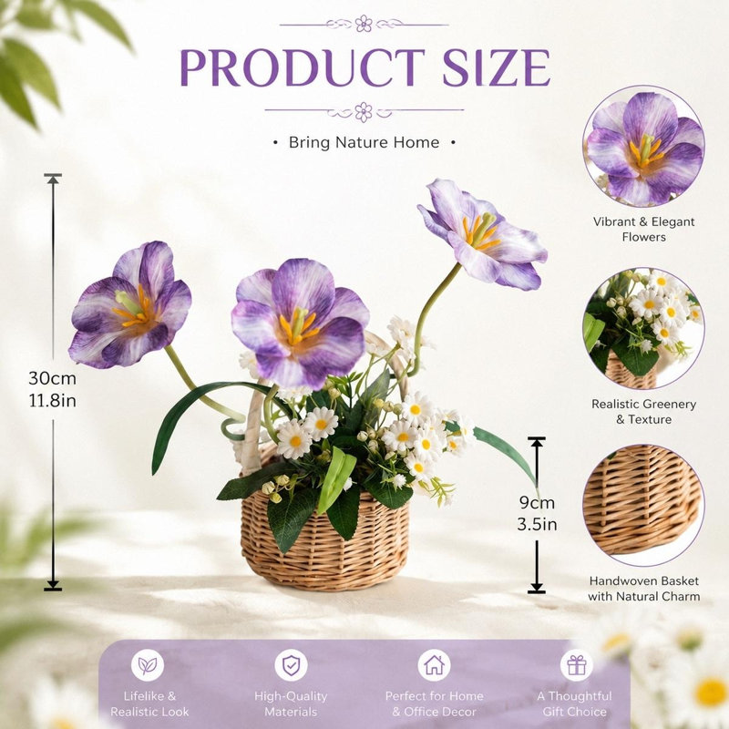 11.8in. Artificial Purple Tulip Daisy Mixed Flower Arrangement in Handwoven Rattan Basket