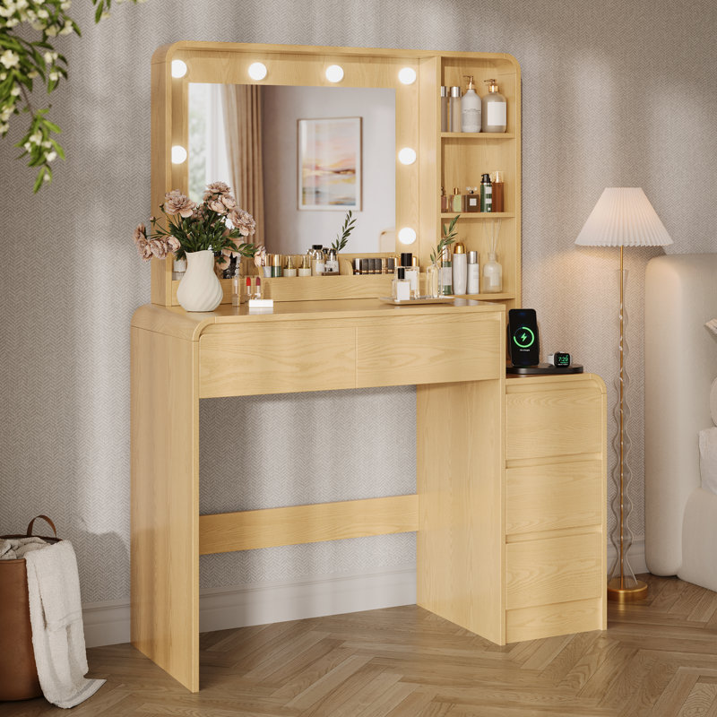 Bureau de meuble-lavabo moderne de 39 po avec miroir à DEL réglable 3 couleurs et station de charge multi-ports, 5 tiroirs et tablettes latérales ouvertes