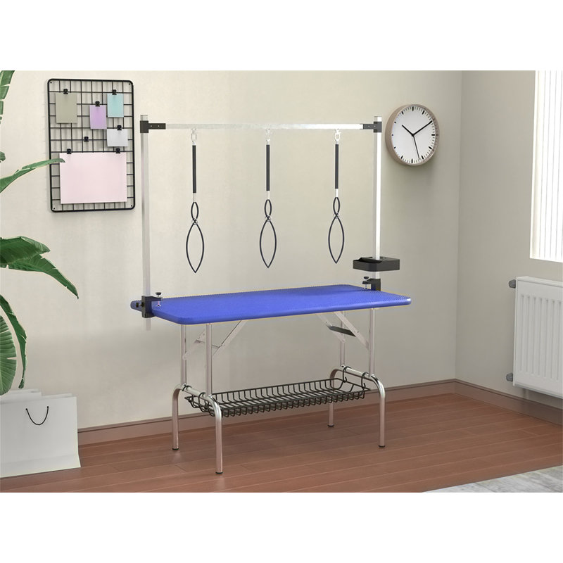 Table de toilettage pliable avec accoudoirs à hauteur ajustable avec nœuds, plateau en filet et range-outils, Blue