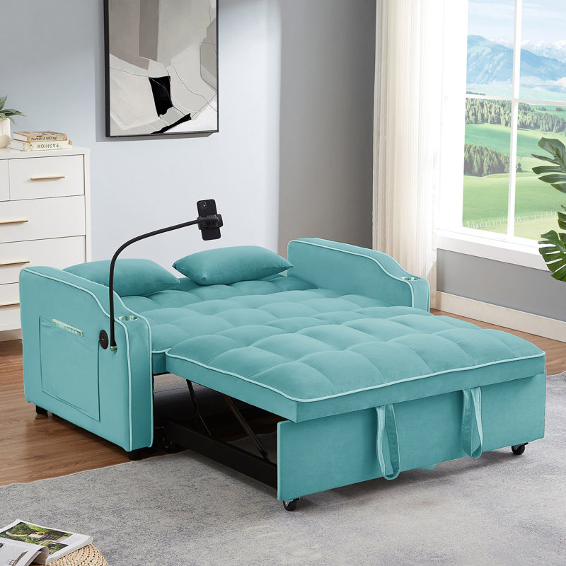 Velvet Pull-out Sleeper Sofa Bed, Adjustable Back and with USB Pport, swivel phone stand, 31.15" H x 55.55" W x 37.05", Bleu