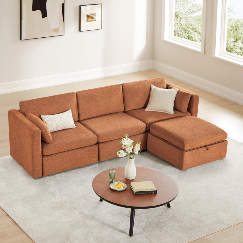 Canapé modulaire 4 pièces 112,6 po 4 pièces, Mélange de lin orange