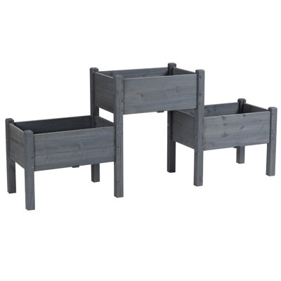 Lit de jardin surélevé, gris - 3 boîtes à fleurs pour une abondante croissance de légumes, d'herbes et de fleurs en bois
