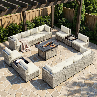 Ensemble de mobilier d'extérieur modulaire 15 pièces avec table de foyer d'extérieur 55 000 BTU et siège modulaire en osier