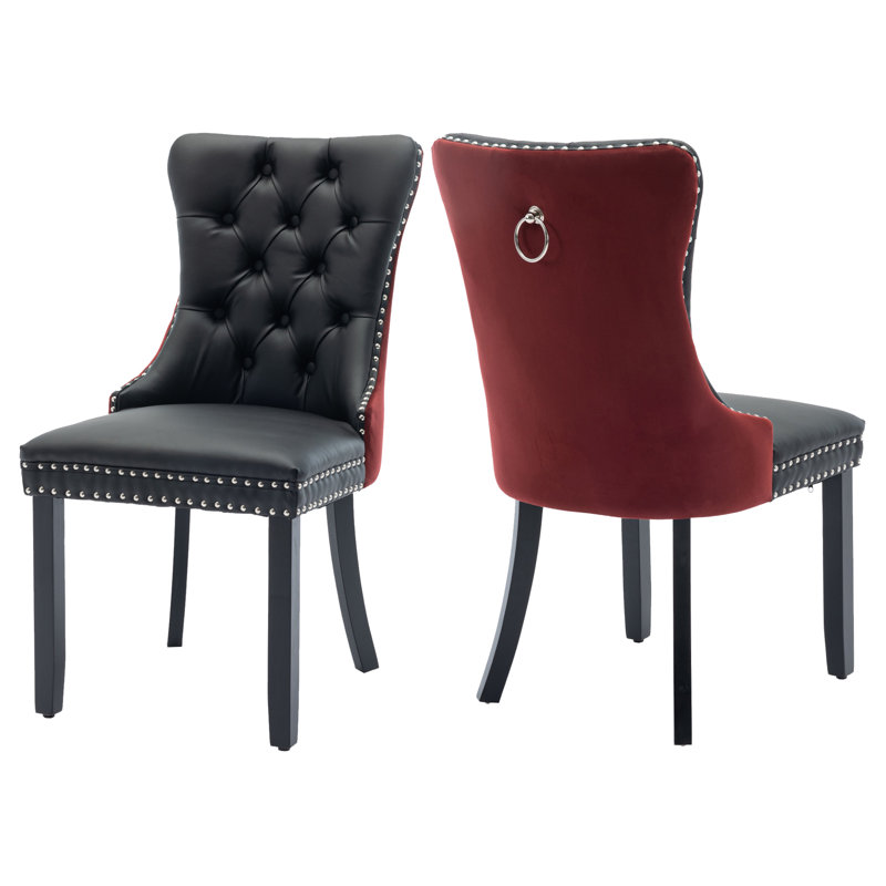 Kingson Modern Glam Tufted Two-Tone Dining Chair with Nailhead Trim & Back Pull Ring, Black/Dark Brown, 2