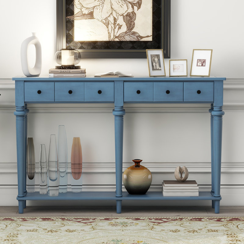 Console rétro 59 "avec tablette ouverte et 4 tiroirs, Bleu