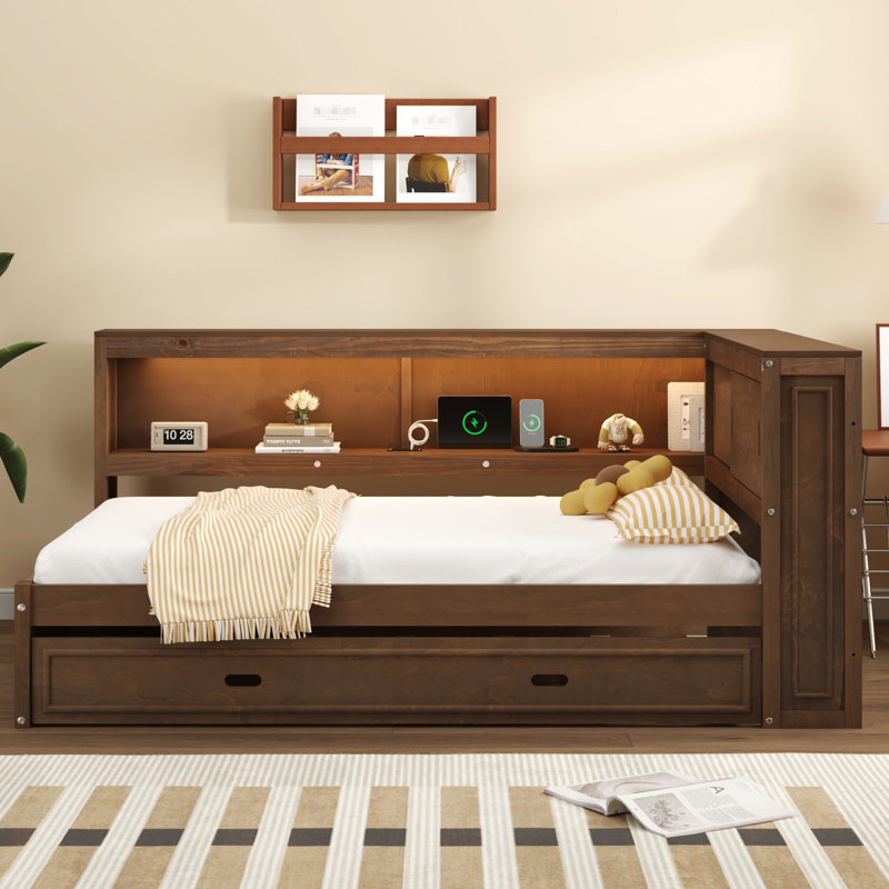 Full Size Wood Daybed With Led, , Trundle - Antique Color, Spacious Layout Drawer Storage, Socket, And Design, Brown