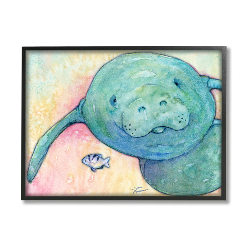 Lamantin souriant, faune aquatique, Giclée encadrée noir minuit, H 11 po x l 14 po x P 1,5 po