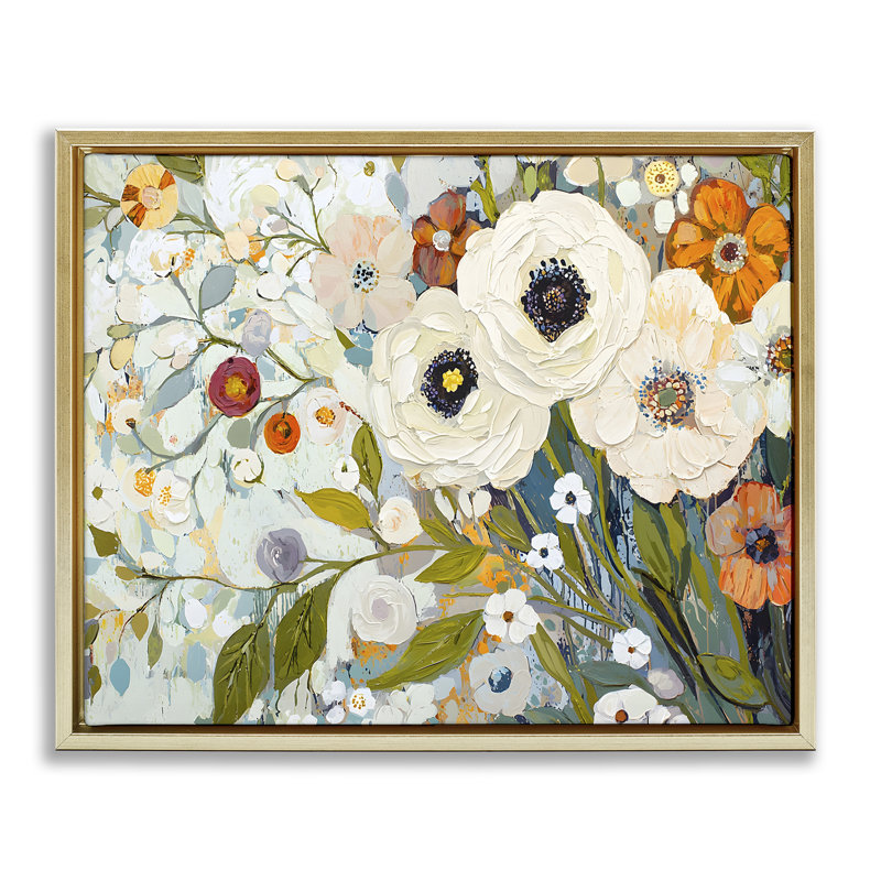 Cadre flottant Blooming Round Flowers, par Franklyn Gregory, H 25 po x l 31 po, Cadre flottant métallique doré
