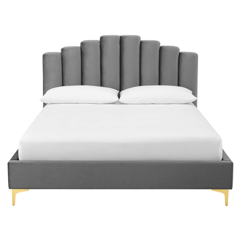 Grand lit plateforme en velours Olivia, Gris