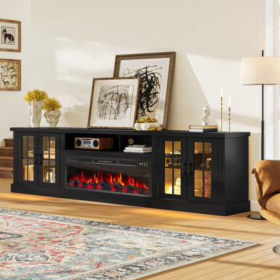 Meuble télé avec foyer intégré de 218 cm (86 po) pour téléviseurs jusqu'à 254 cm (100 po), centre multimédia avec foyer électrique de 91 cm (36 po), éclairage DEL 12 couleurs, portes vitrées, étagères réglables et système de gestion des câbles.