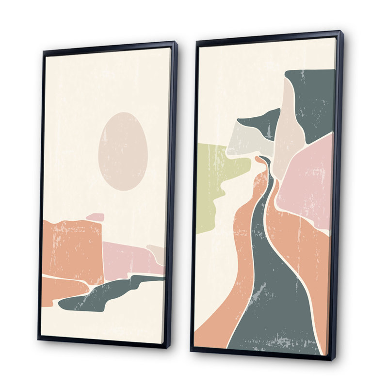 «Retro Coloured Vintage Landscape I», ensemble de 2 peintures, H 40 po x l 40 po x P 1,5 po, Toile avec cadre noir