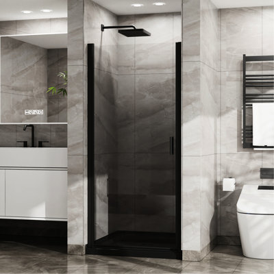 Black 34"x72" Pivot Shower Door, 1/4" Thick Glass, Semi-, Waterproof Seals, Heavy-duty Zinc Alloy Handle, 180° Rotating Pivot, 90° Door Waterproofing Tempered Glass Thick, Function, Flexible