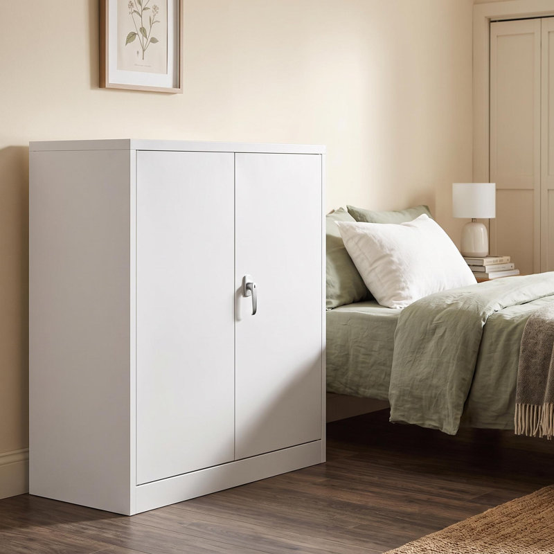 35" Metal Storage Cabinet, 2 Adjustable Shelves, Lockable Doors, White, Heavy Duty