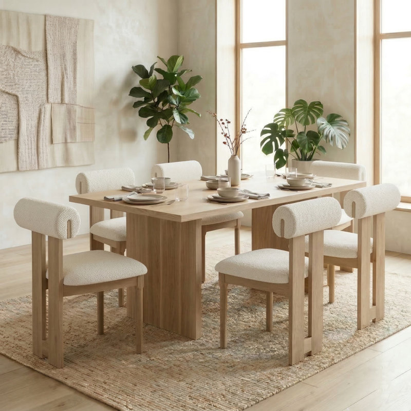 Abentego Solid Wood Fabric Dining Chair , Beige, 6