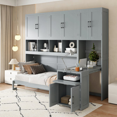 Lit escamotable simple avec placard, tiroirs et bureau