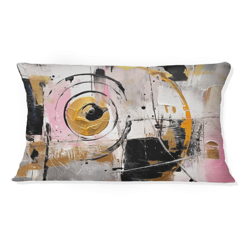 Coussin décoratif rose avec motif symétrique blanc et cubisme