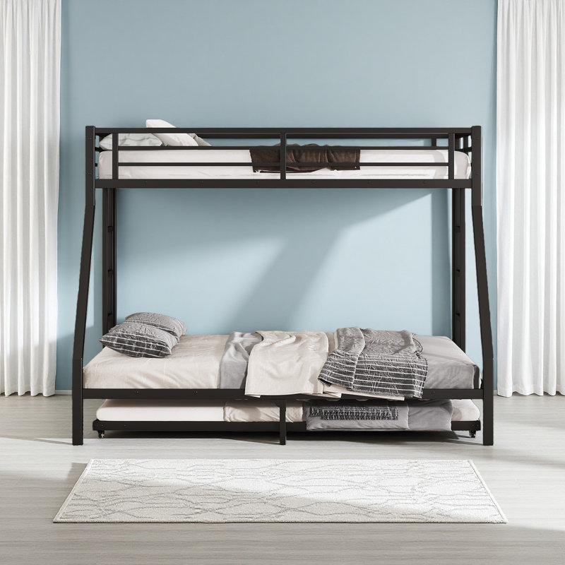 Twin XL Over Queen Metal Bunk Bed With Twin Size Trundle, Twin XL Over Queen