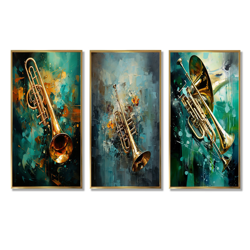 Trombone Tribute Jazzed Jade - ensemble de 3 reproductions d'art sur toile, Cadre flottant doré, H 32 po x l 48 po