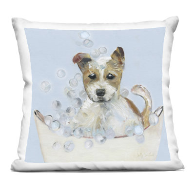 Fun Bubbles Puppy Bath Design by Sally Swatland Throw Pillow