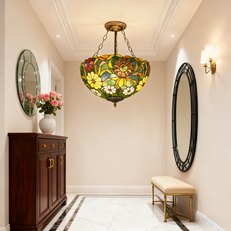Plafonnier semi-encastré 3 lumières Tiffany, vitrail bronze