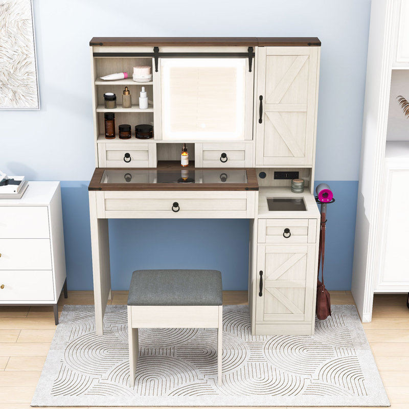 Coiffeuse de maquillage avec miroir à DEL coulissant, station de charge, vitrine, armoires doubles et tabouret, Blanc