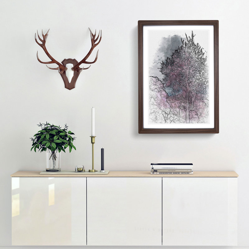 Pink Trees in Malaga Spain - Picture Frame Graphic Art Print, 50cm H x 35cm W x 2cm D, Walnut