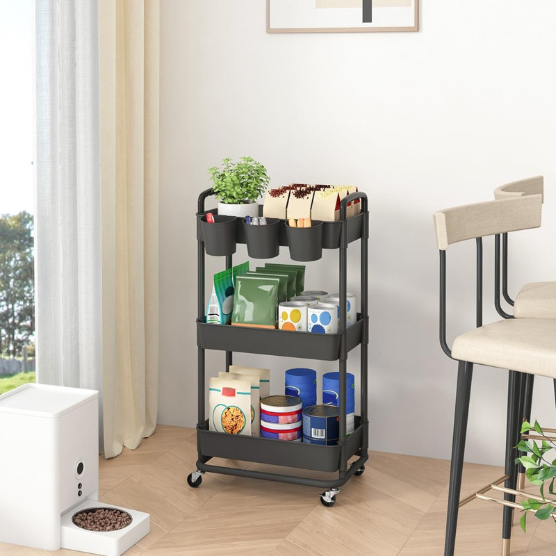 3‑Tier Plastic Utility Rolling Cart with Hanging Cups, Handles and Lockable Wheels