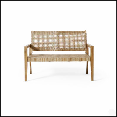 Durable Outdoor Wicker And Acacia Wood Loveseat With Mesh Seating For Comfort And Style