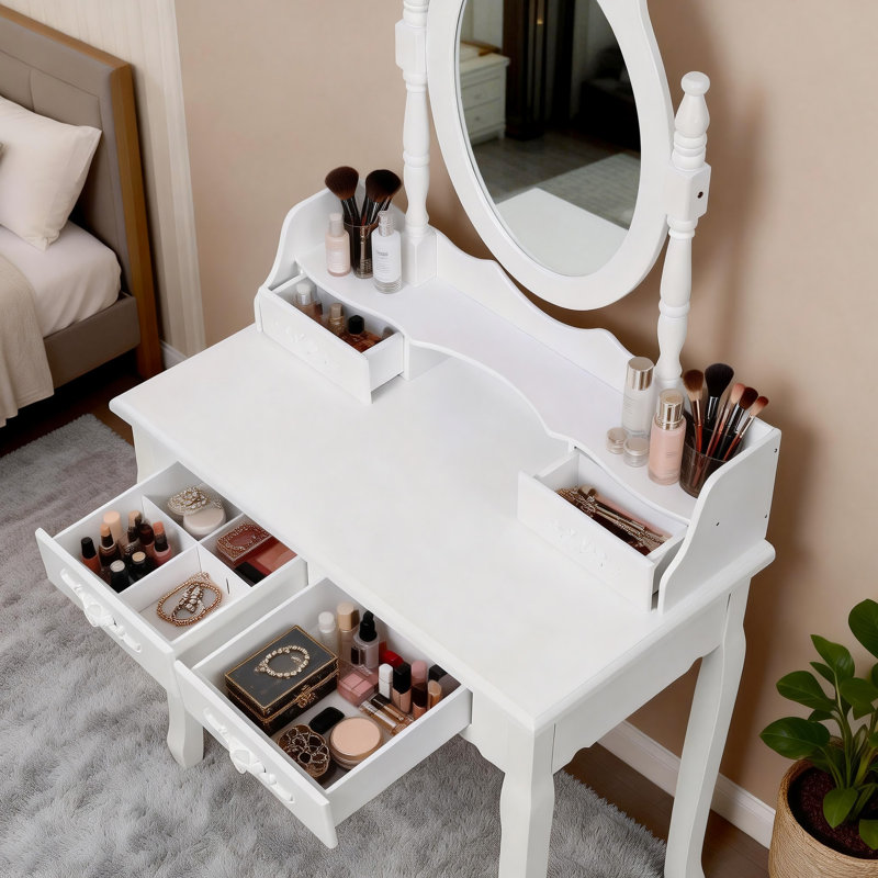 Bureau de meuble-lavabo avec miroir pivotant à 360 °, rangement à 4 tiroirs, finition blanche, tabouret confortable, tiroirs visuels attrayants, structure stable polyvalente rembourrée